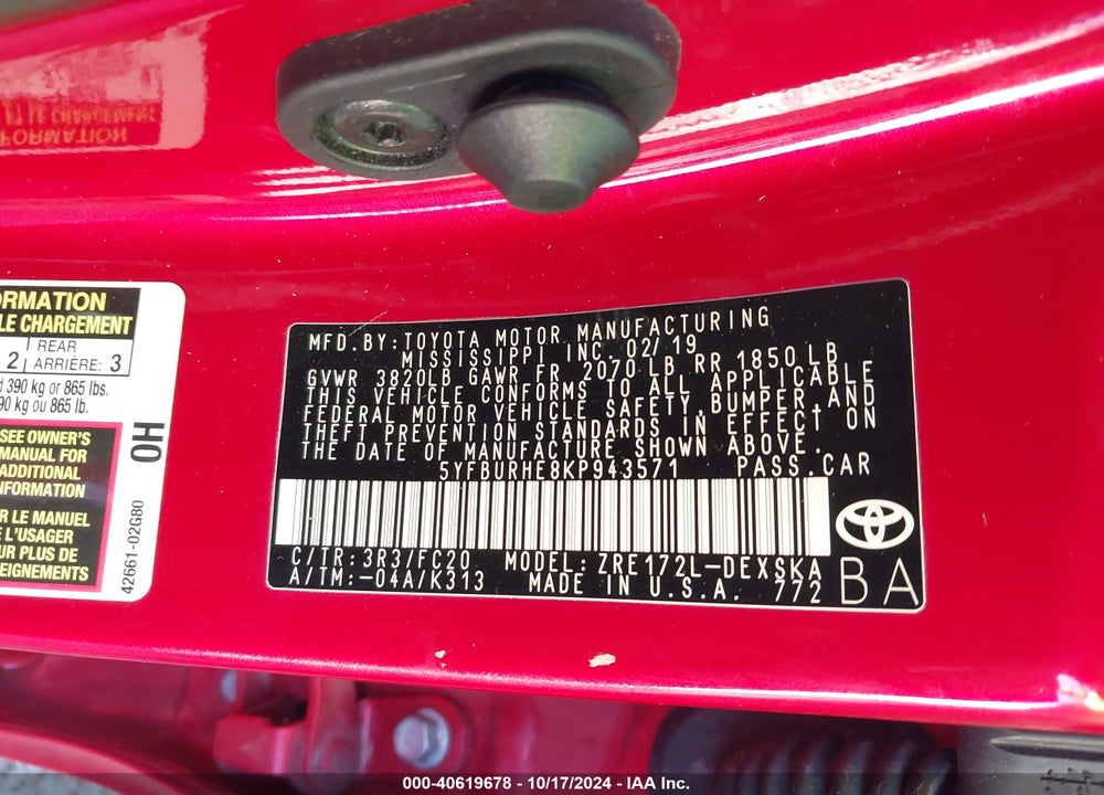 2019 TOYOTA COROLLA SE VIN: 5YFBURHE8KP943571