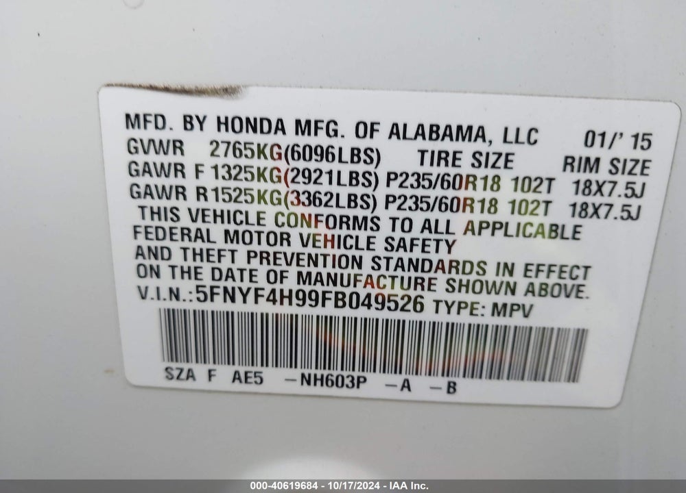 2015 HONDA PILOT TOURING VIN: 5FNYF4H99FB049526
