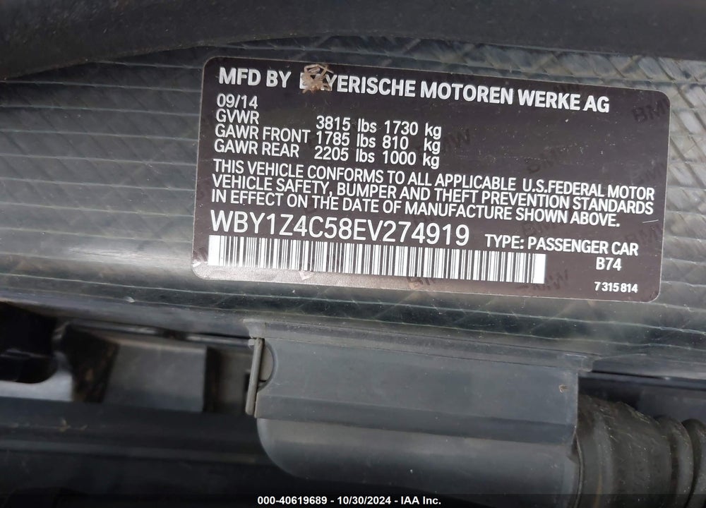 2014 BMW I3 VIN: WBY1Z4C58EV274919
