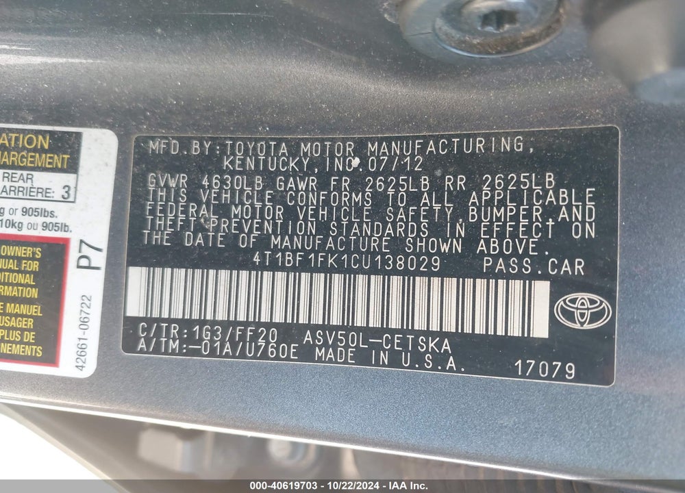 2012 TOYOTA CAMRY SE VIN: 4T1BF1FK1CU138029