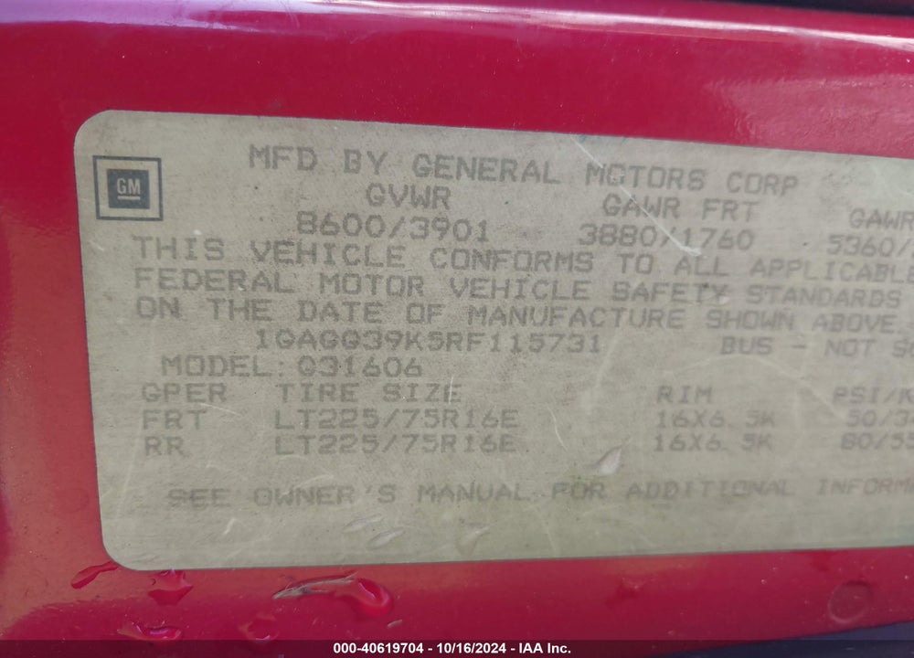 1994 CHEVROLET G30 VIN: 1GAGG39K5RF115731