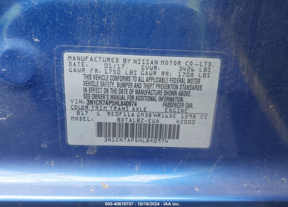 2017 NISSAN VERSA 1.6 SV VIN: 3N1CN7AP5HL840974