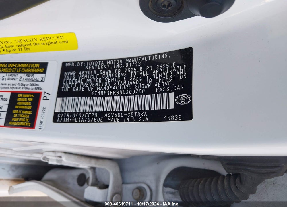 2013 TOYOTA CAMRY SE VIN: 4T1BF1FK8DU209700