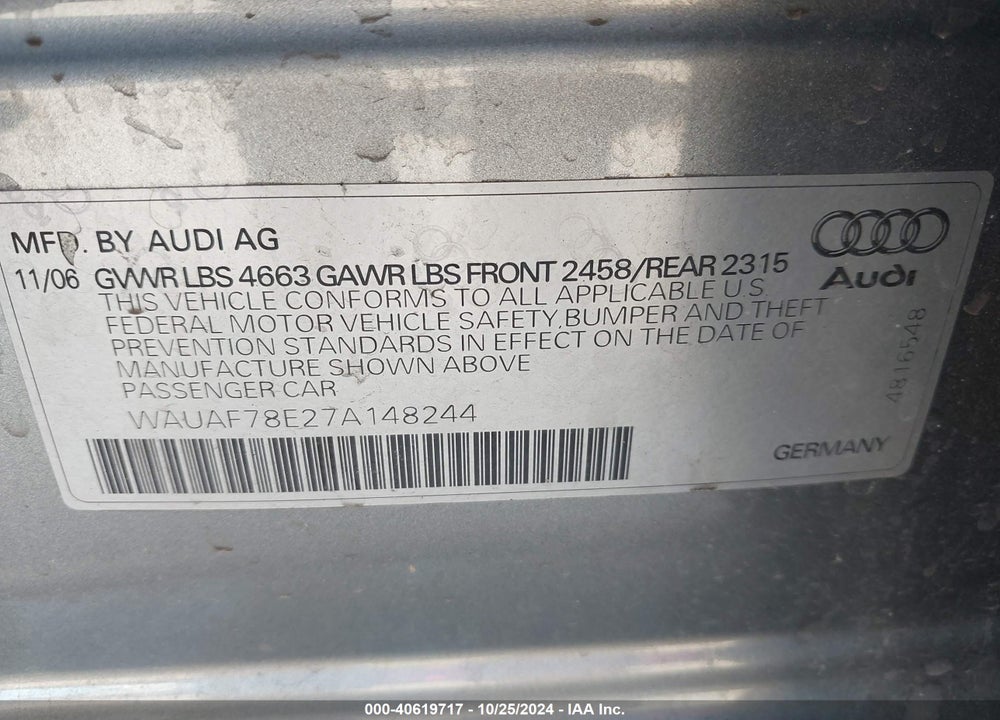 2007 AUDI A4 VIN: WAUAF78E27A148244