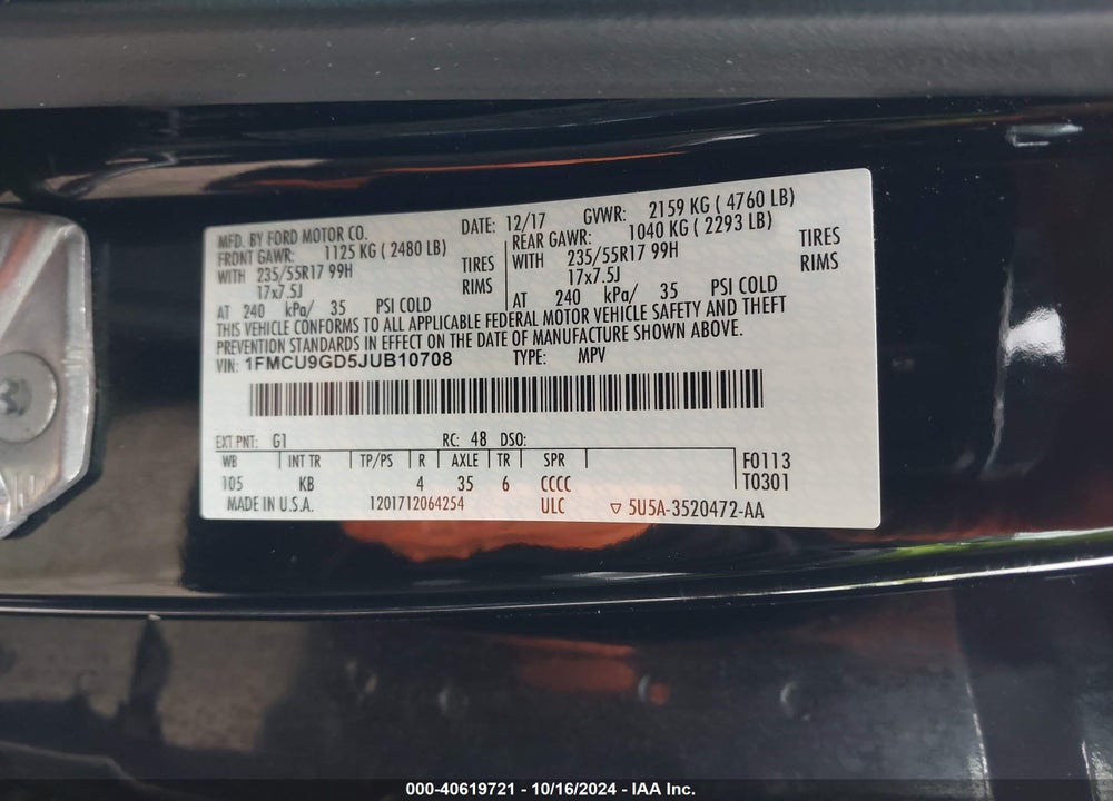 2018 FORD ESCAPE SE VIN: 1FMCU9GD5JUB10708