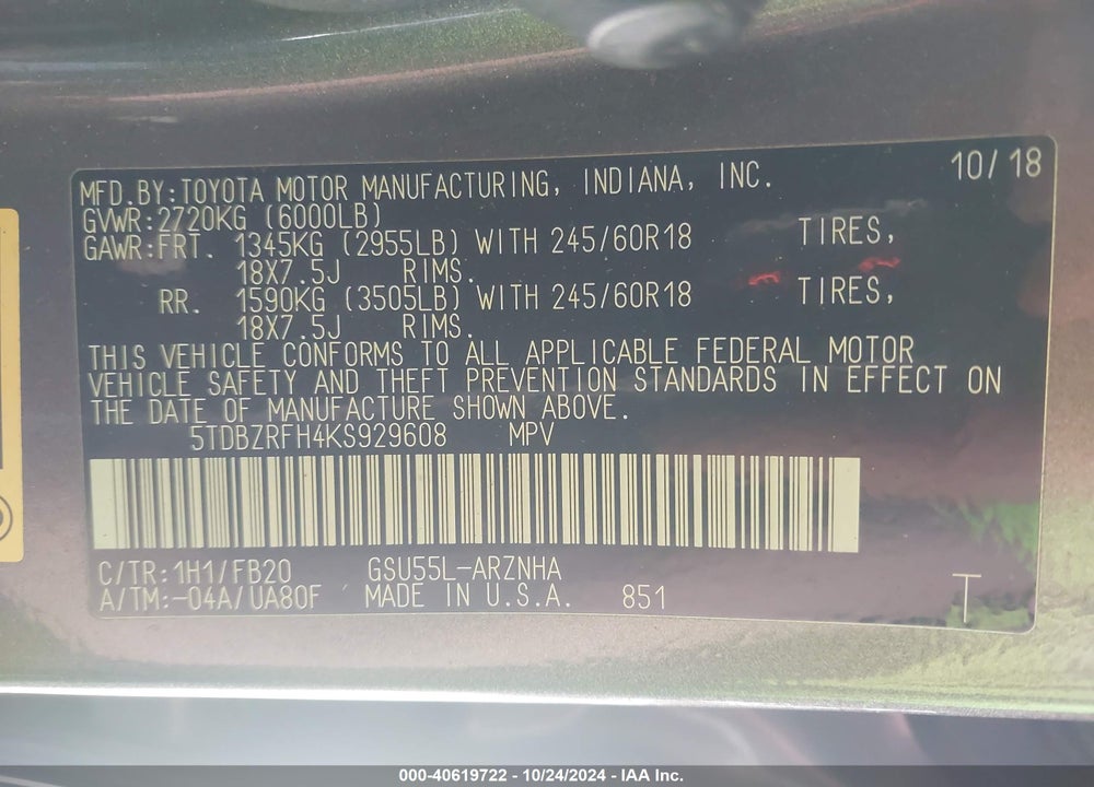 2019 TOYOTA HIGHLANDER LE VIN: 5TDBZRFH4KS929608