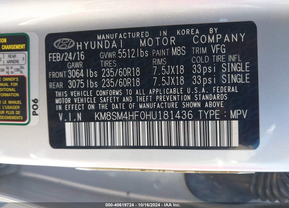 2017 HYUNDAI SANTA FE SE VIN: KM8SM4HF0HU181436
