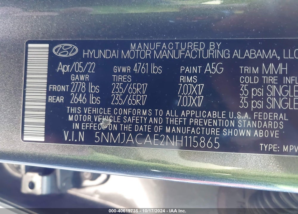 2022 HYUNDAI TUCSON SE VIN: 5NMJACAE2NH115865