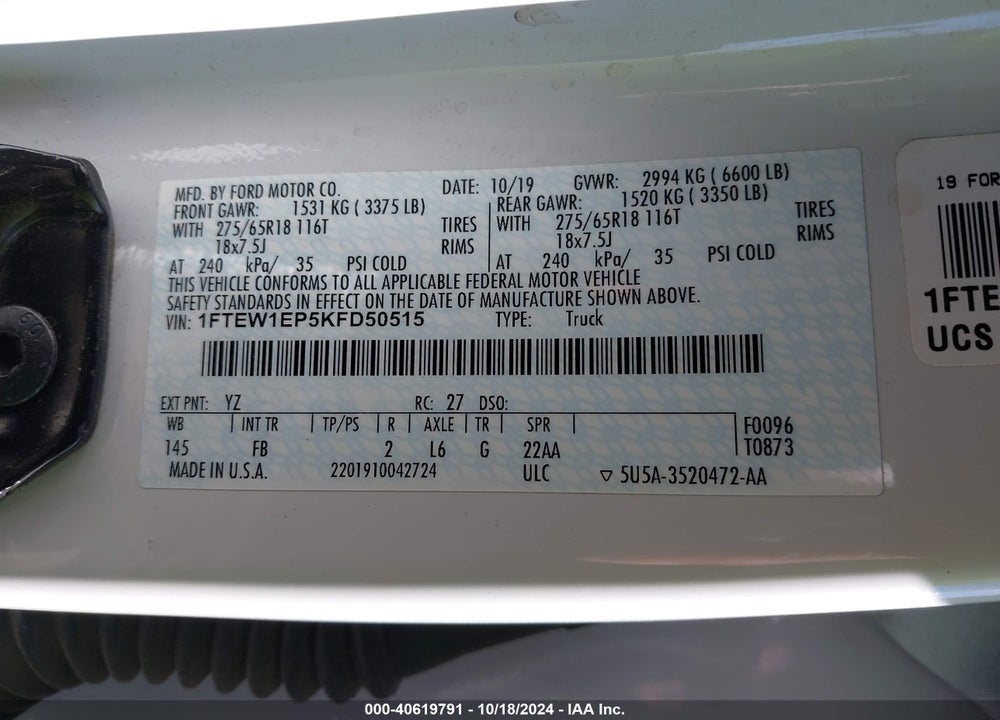2019 FORD F-150 XLT VIN: 1FTEW1EP5KFD50515