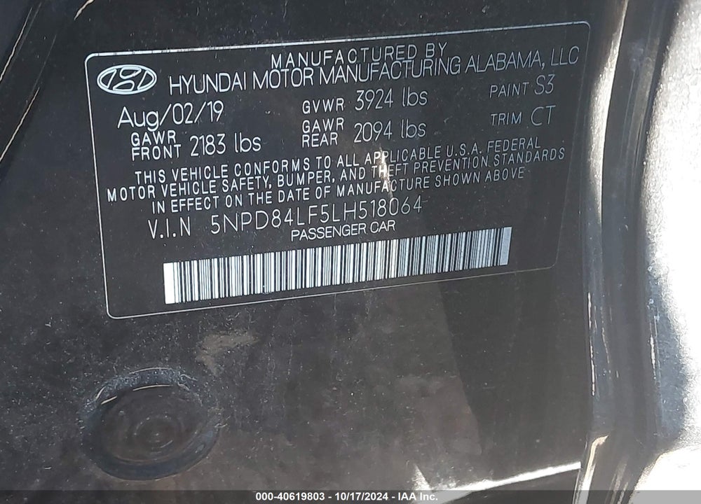 2020 HYUNDAI ELANTRA SEL VIN: 5NPD84LF5LH518064