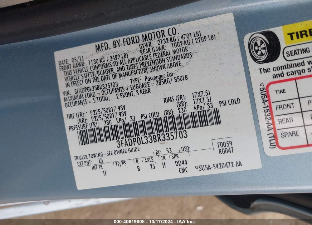 2011 FORD FUSION HYBRID VIN: 3FADP0L33BR335703