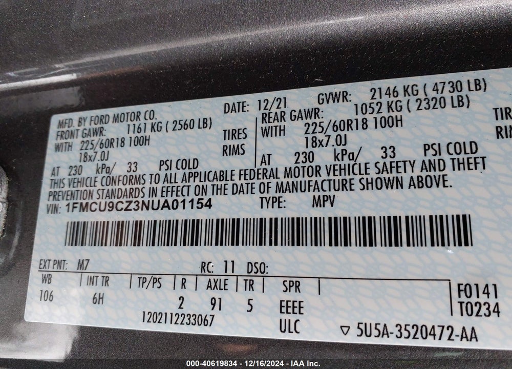 2022 FORD ESCAPE SEL HYBRID VIN: 1FMCU9CZ3NUA01154