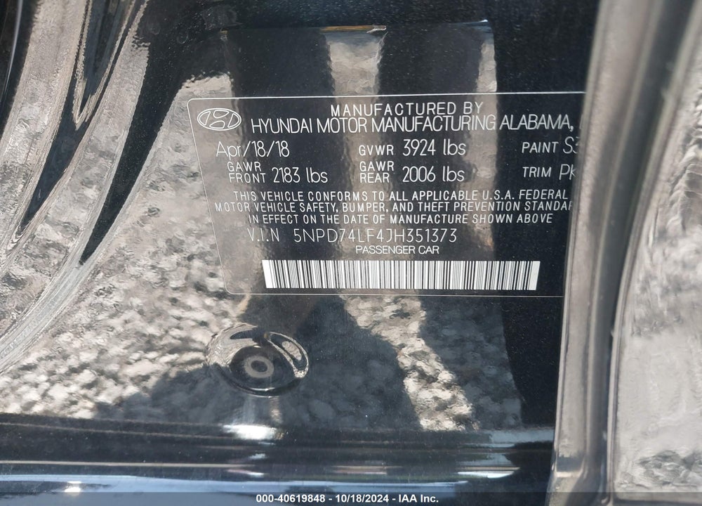 2018 HYUNDAI ELANTRA SE VIN: 5NPD74LF4JH351373