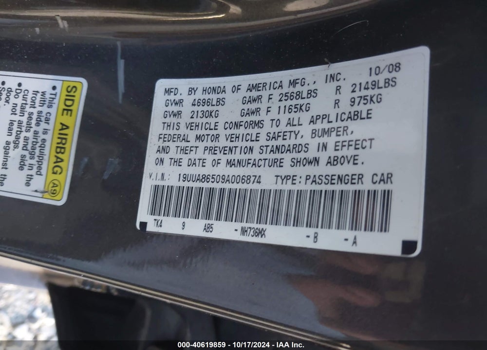 2009 ACURA TL 3.5 VIN: 19UUA86509A006874