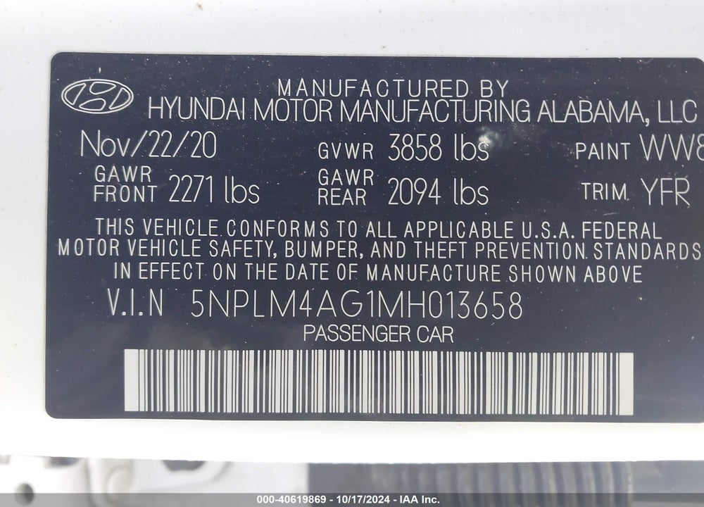2021 HYUNDAI ELANTRA SEL VIN: 5NPLM4AG1MH013658