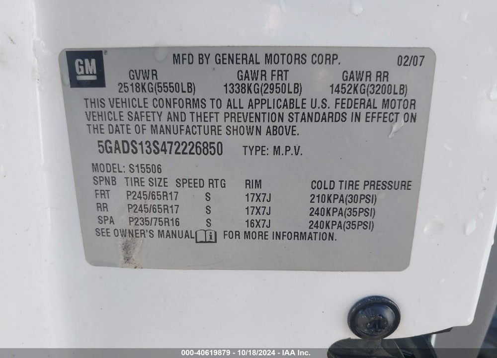 2007 BUICK RAINIER CXL VIN: 5GADS13S472226850