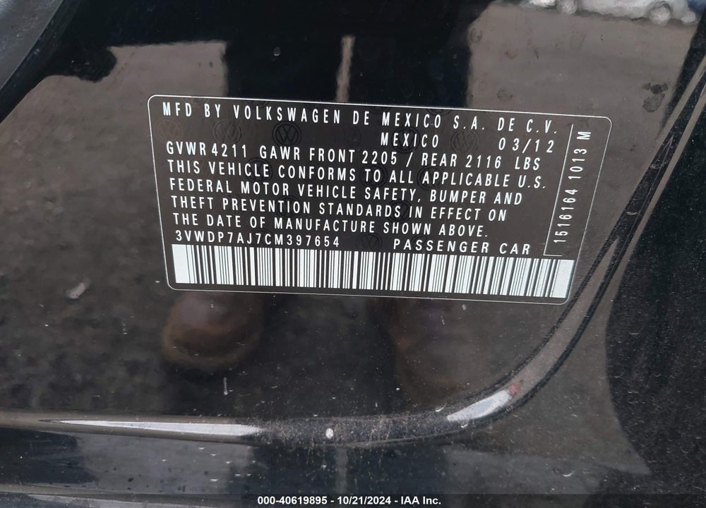2012 VOLKSWAGEN JETTA 2.5L SE VIN: 3VWDP7AJ7CM397654