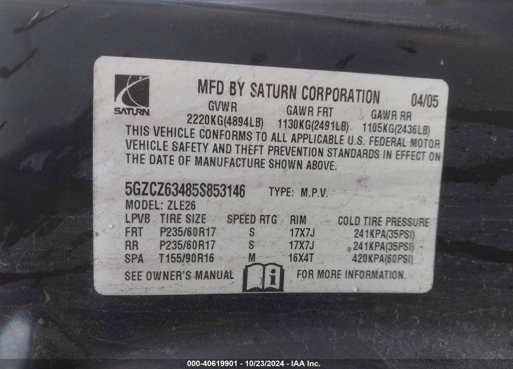 2005 SATURN VUE V6 VIN: 5GZCZ63485S853146