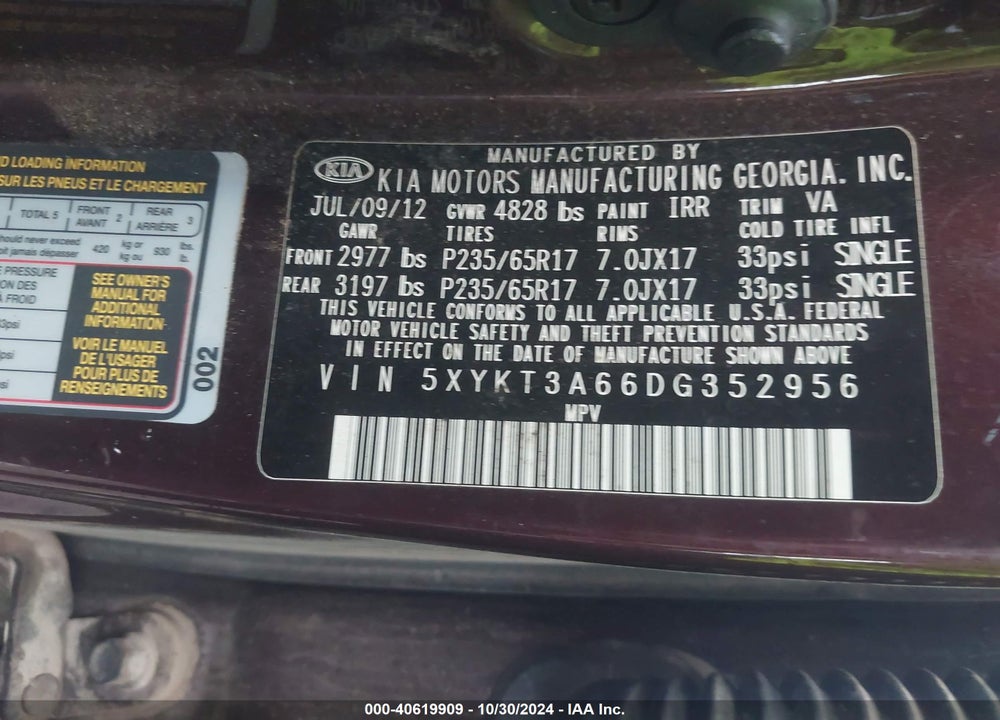 2013 KIA SORENTO LX VIN: 5XYKT3A66DG352956