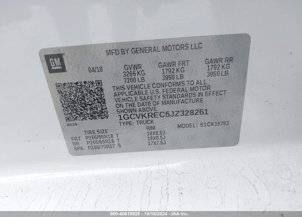 2018 CHEVROLET SILVERADO 1500 VIN: 1GCVKREC5JZ328261