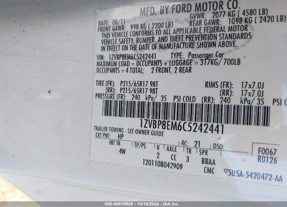 2012 FORD MUSTANG V6 PREMIUM VIN: 1ZVBP8EM6C5242441