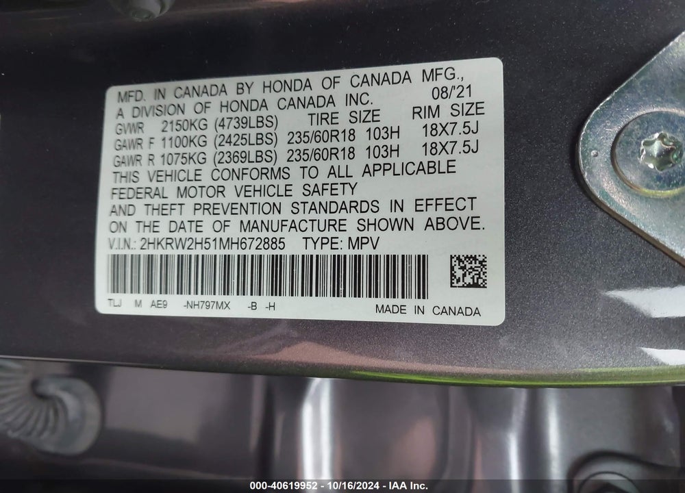 2021 HONDA CR-V AWD EX VIN: 2HKRW2H51MH672885