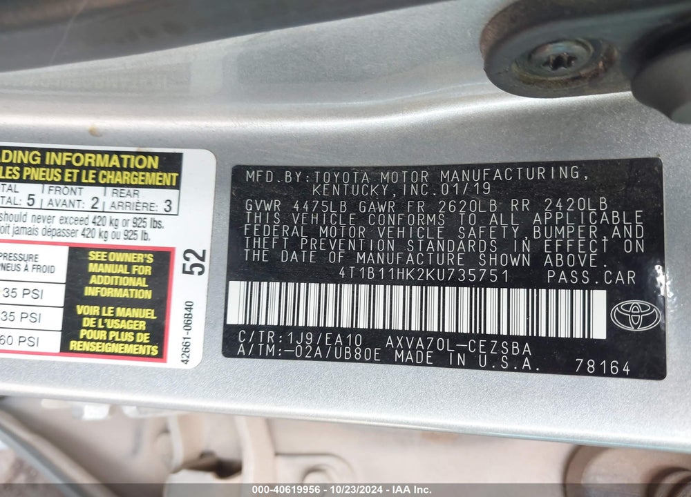 2019 TOYOTA CAMRY SE VIN: 4T1B11HK2KU735751