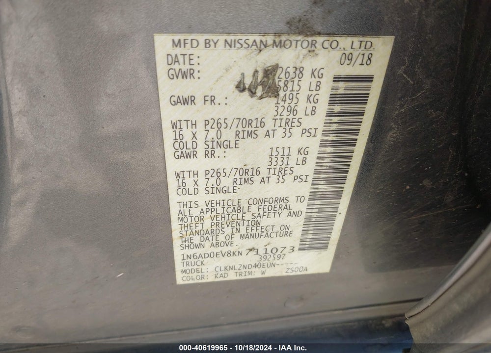 2019 NISSAN FRONTIER SV VIN: 1N6AD0EV8KN711073