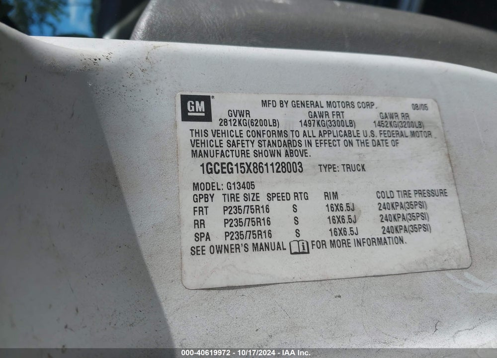 2006 CHEVROLET EXPRESS WORK VAN VIN: 1GCEG15X861128003