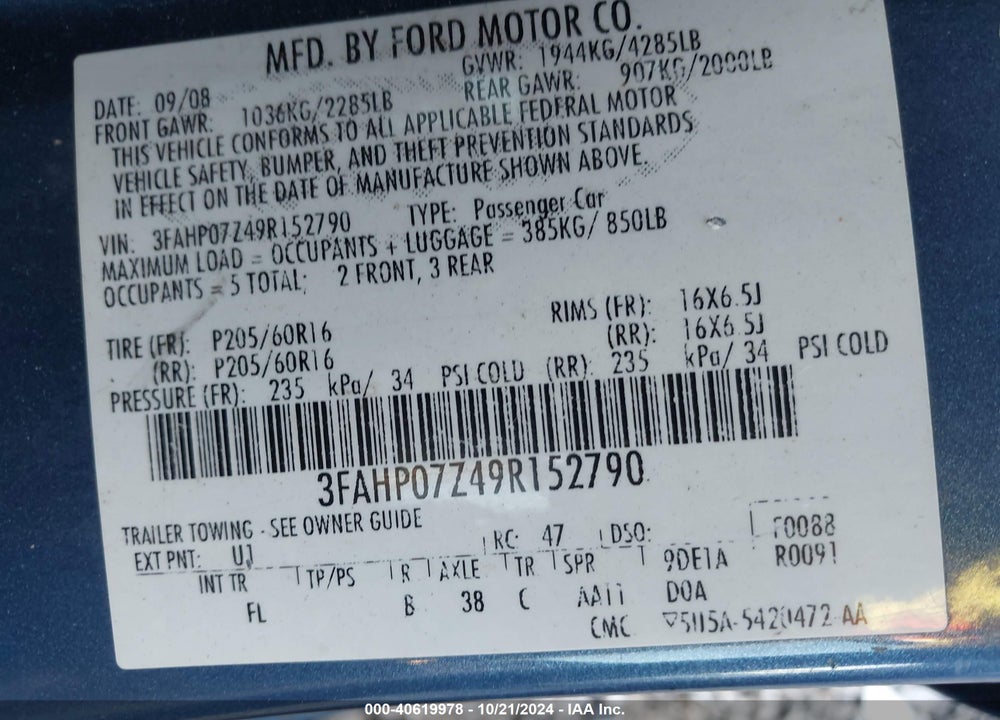 2009 FORD FUSION SE VIN: 3FAHP07Z49R152790
