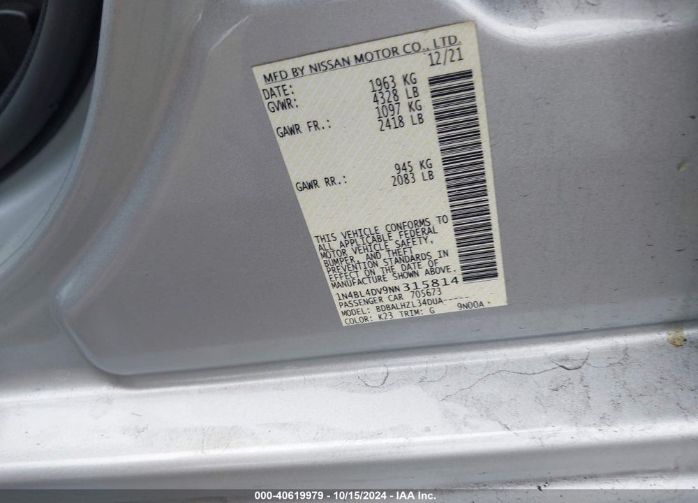 2022 NISSAN ALTIMA SV FWD VIN: 1N4BL4DV9NN315814