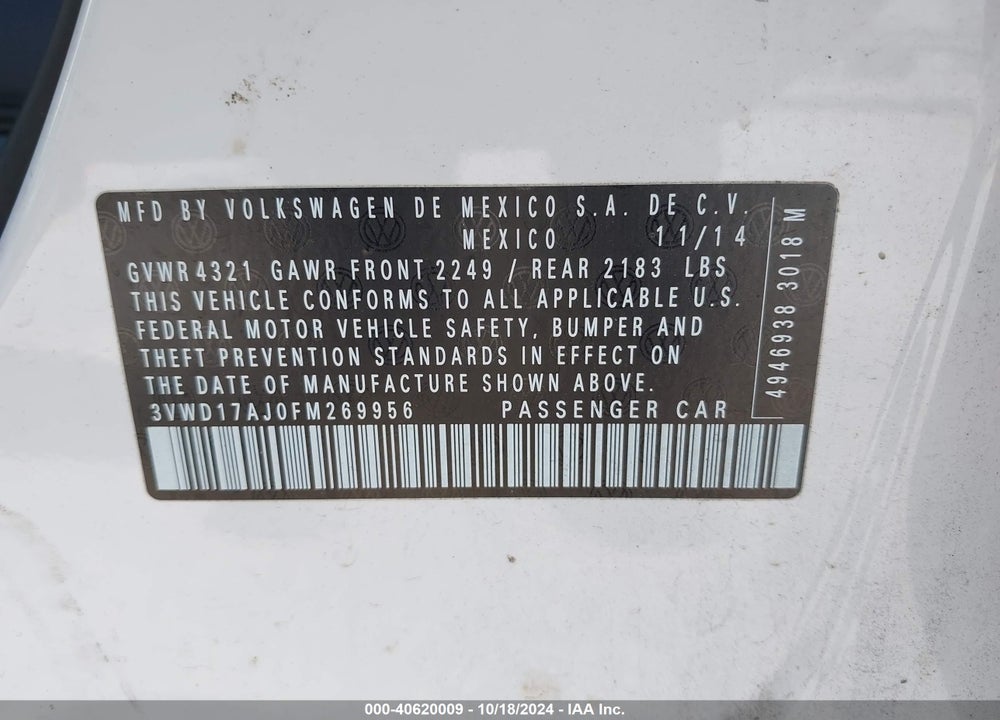 2015 VOLKSWAGEN JETTA 1.8T SE VIN: 3VWD17AJ0FM269956