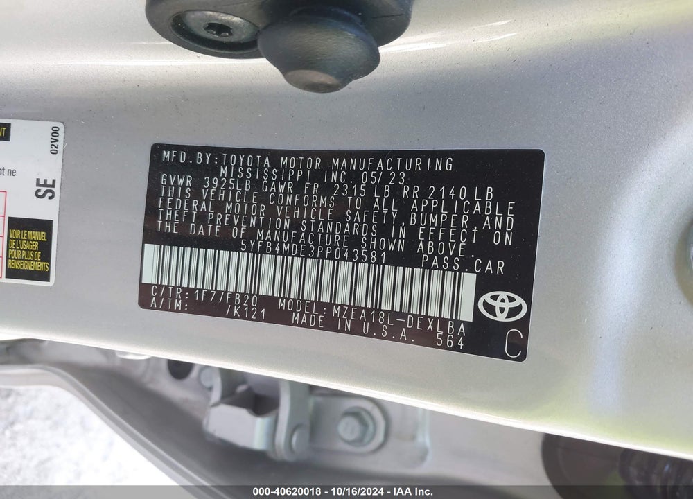 2023 TOYOTA COROLLA VIN: 5YFB4MDE3PP043581