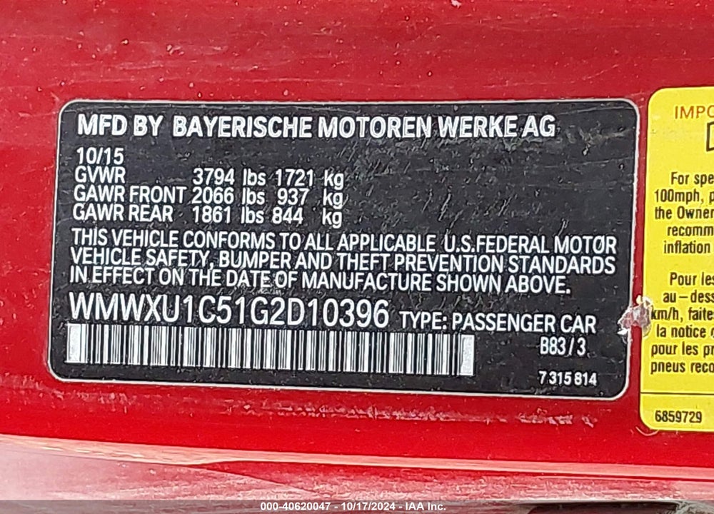 2016 MINI HARDTOP COOPER VIN: WMWXU1C51G2D10396