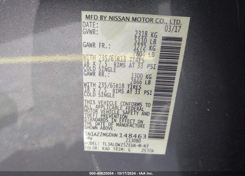 2017 NISSAN MURANO SV VIN: 5N1AZ2MG0HN148463