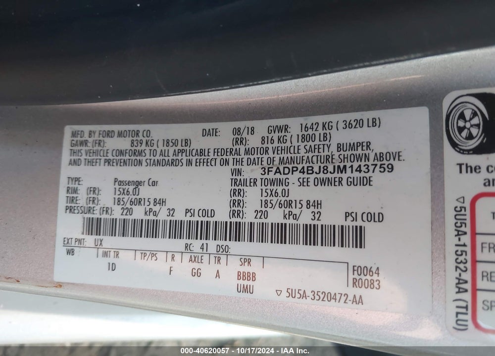 2018 FORD FIESTA SE VIN: 3FADP4BJ8JM143759