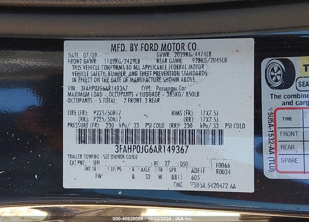 2010 FORD FUSION VIN: 3FAHP0JG6AR149367