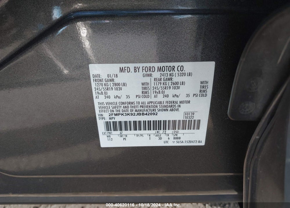 2018 FORD EDGE TITANIUM VIN: 2FMPK3K92JBB42092