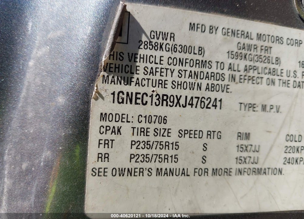 1999 CHEVROLET TAHOE LS VIN: 1GNEC13R9XJ476241