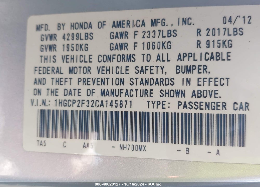 2012 HONDA ACCORD 2.4 LX VIN: 1HGCP2F32CA145871