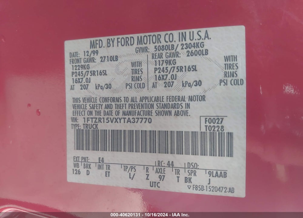 2000 FORD RANGER XL/XLT VIN: 1FTZR15VXYTA37770