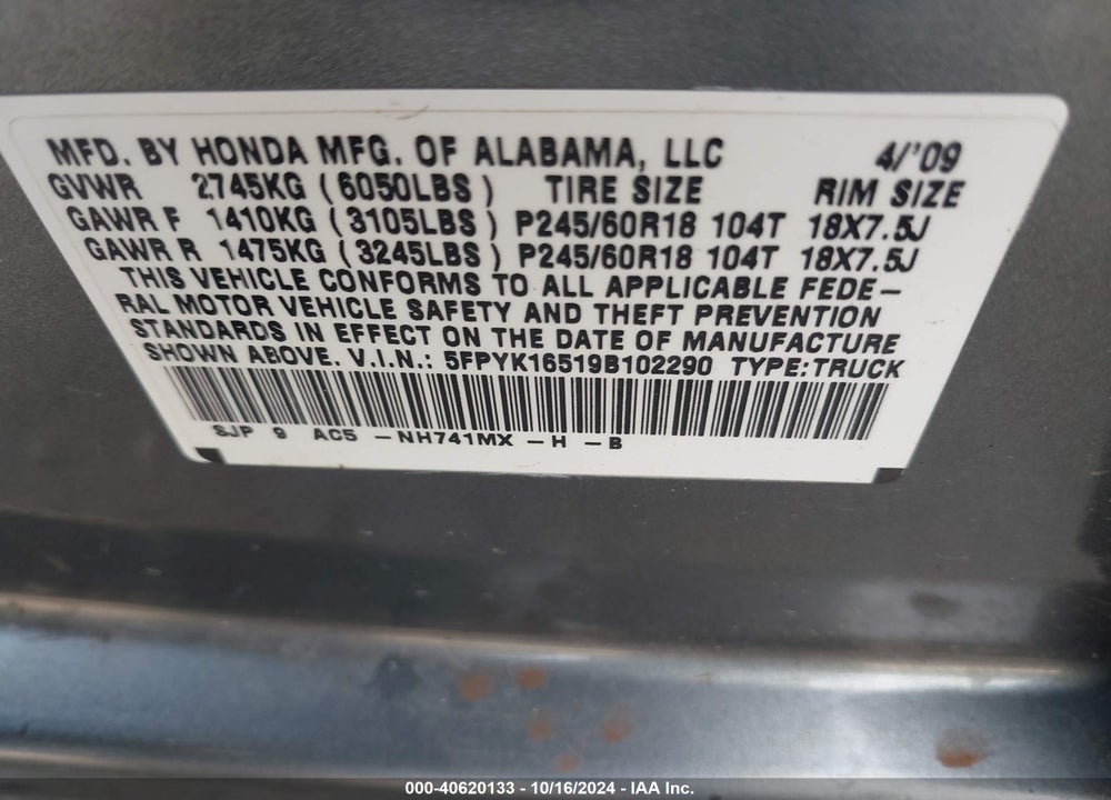 2009 HONDA RIDGELINE RTL VIN: 5FPYK16519B102290