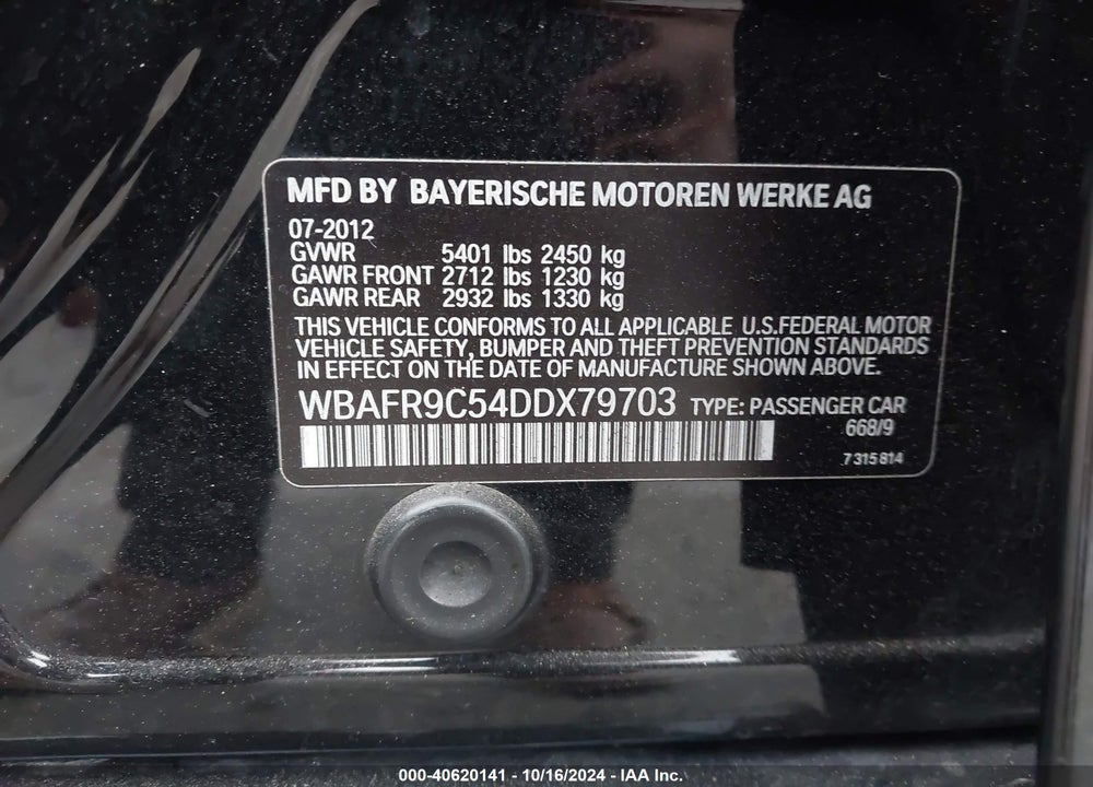 2013 BMW 550I VIN: WBAFR9C54DDX79703