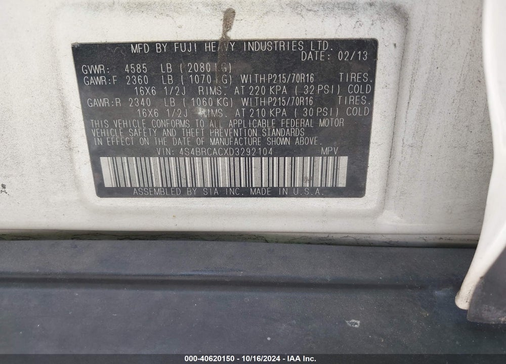 2013 SUBARU OUTBACK 2.5I VIN: 4S4BRCACXD3292104