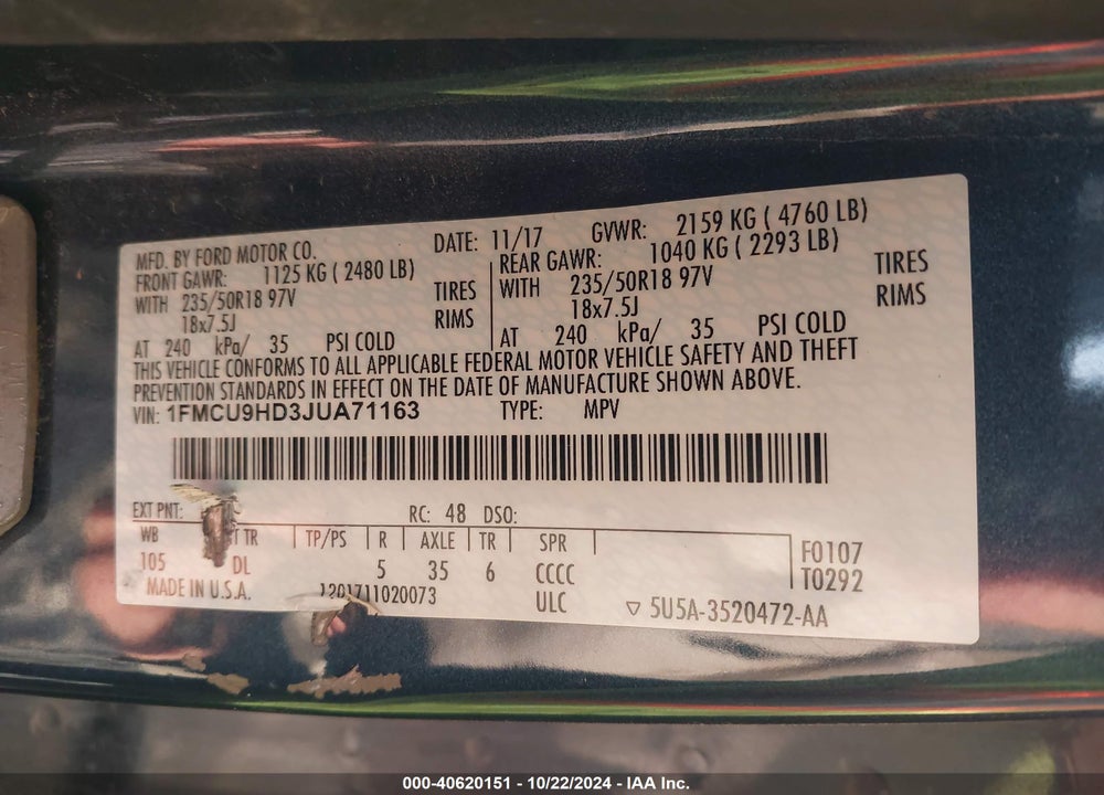2018 FORD ESCAPE SEL VIN: 1FMCU9HD3JUA71163