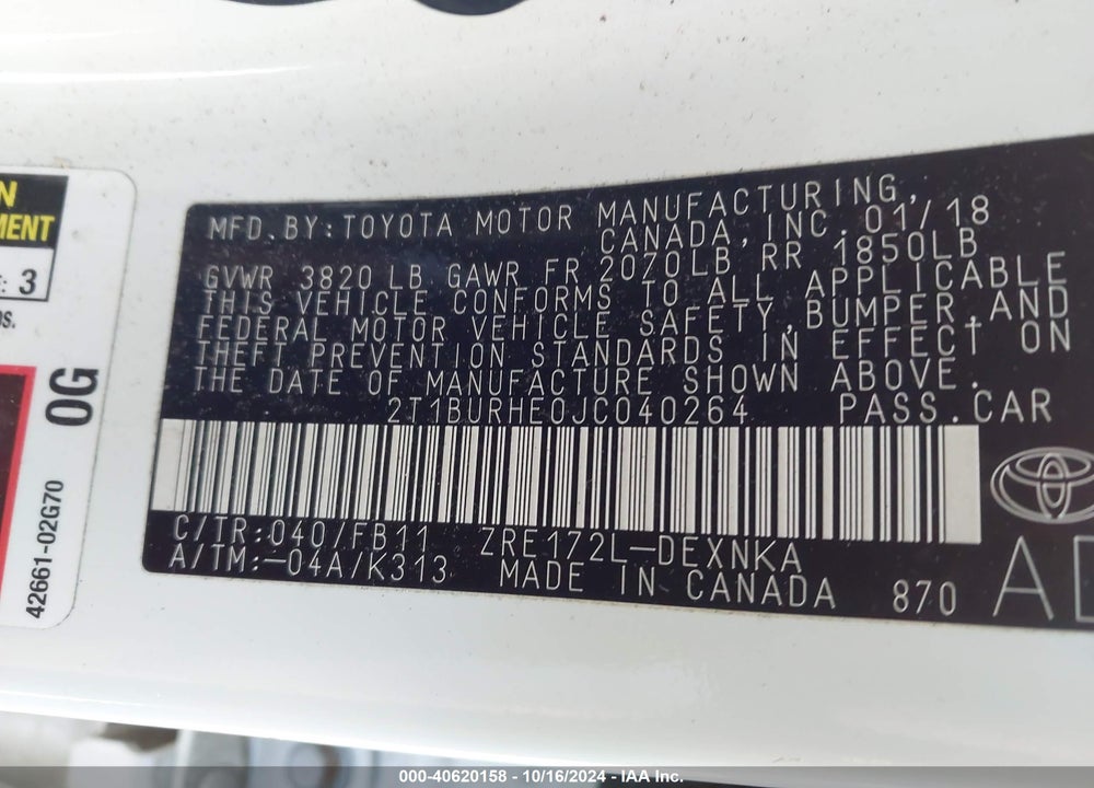 2018 TOYOTA COROLLA LE VIN: 2T1BURHE0JC040264