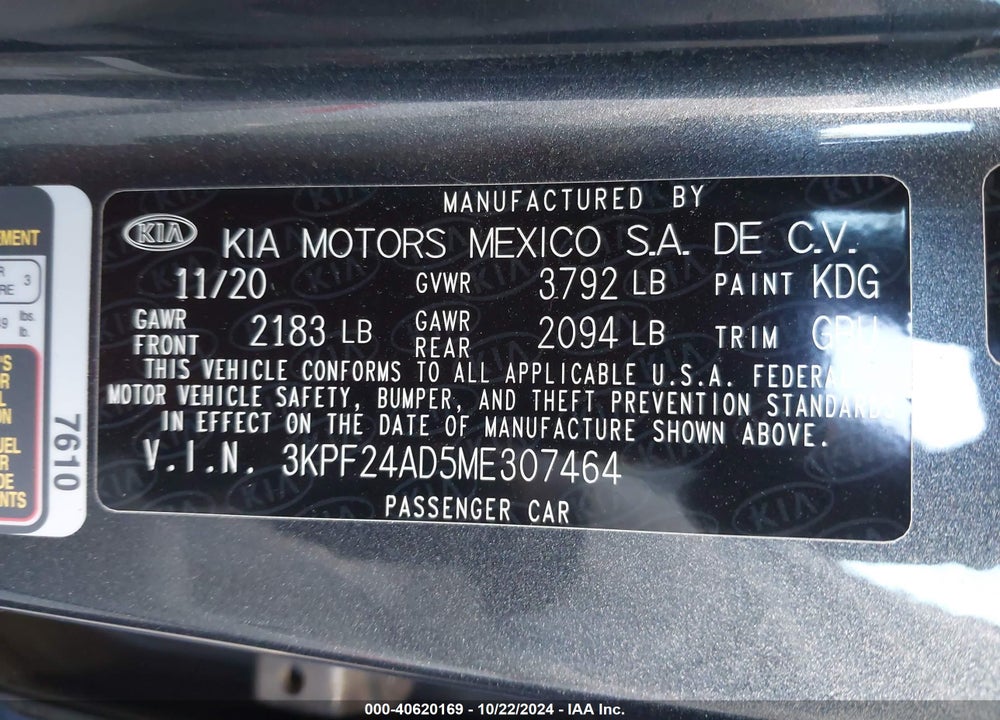 2021 KIA FORTE LXS VIN: 3KPF24AD5ME307464