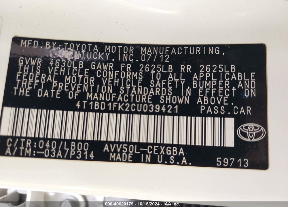 2012 TOYOTA CAMRY HYBRID XLE VIN: 4T1BD1FK2CU039421