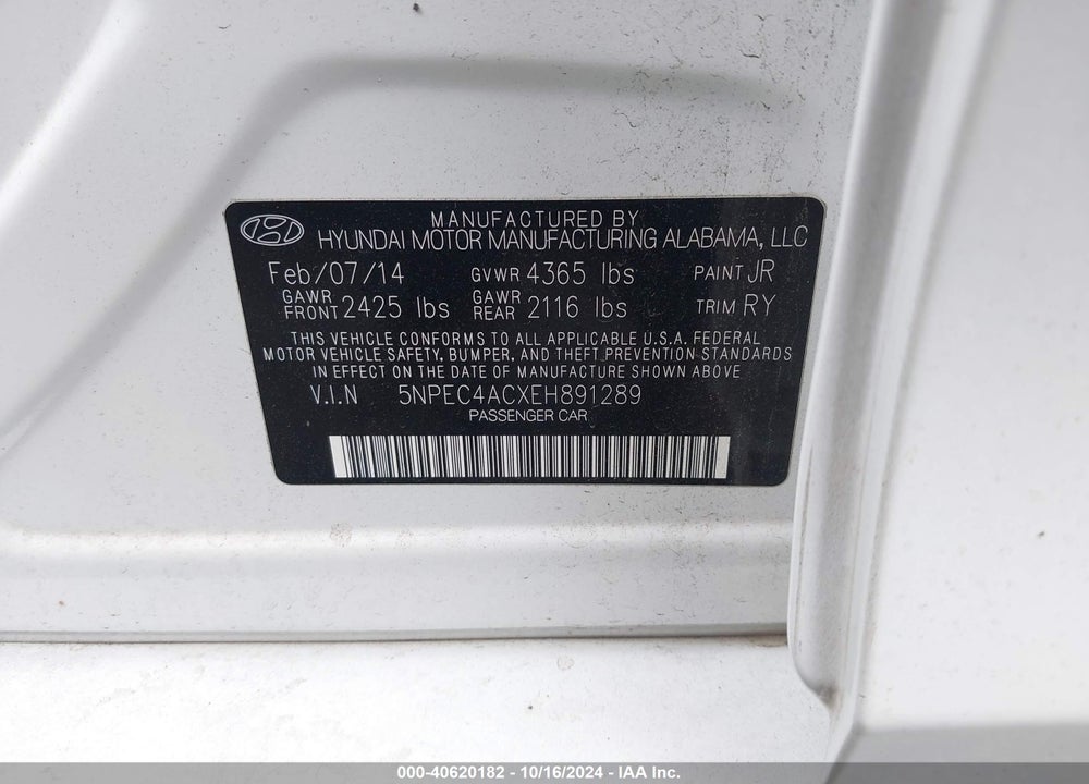 2014 HYUNDAI SONATA SE VIN: 5NPEC4ACXEH891289