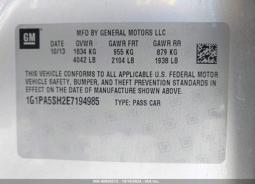 2014 CHEVROLET CRUZE LS AUTO VIN: 1G1PA5SH2E7194985